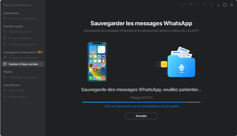 Sauvegarde de WhatsApp sur PC - processus de sauvegarde