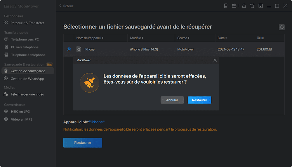 confirmer l'opération de restauration 
