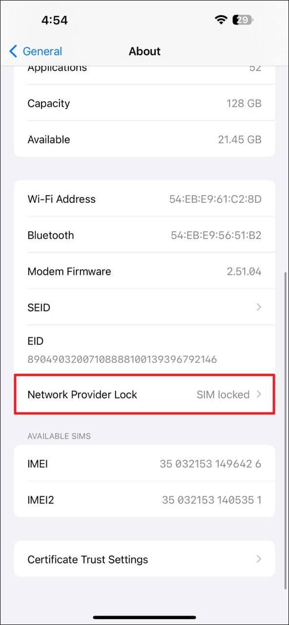 vérifier l'état de verrouillage du fournisseur de réseau