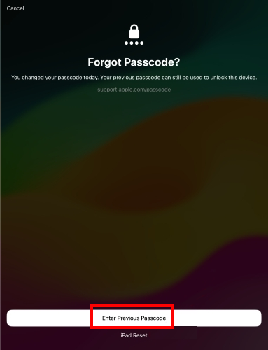 enter previous passcode on locked iPad