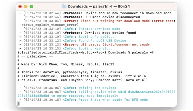 Mais uma vez, pressione enter para solicitar o modo DFU novamente quando solicitado