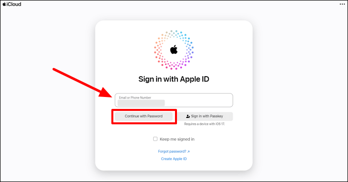 appuyez sur continuer avec le mot de passe