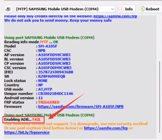 SamFw FRP Tool Enable ADB Failed