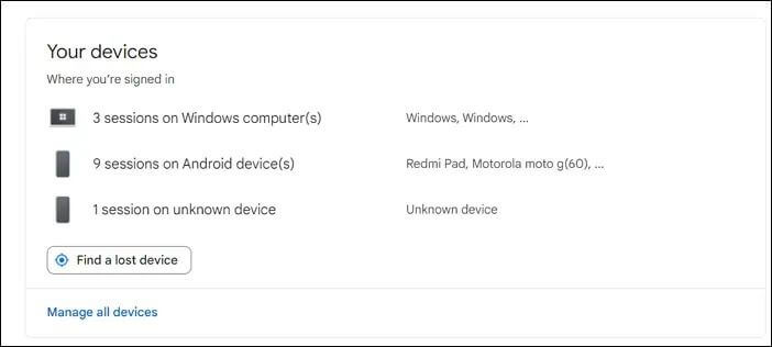 A seção de dispositivos vinculada à conta do Google