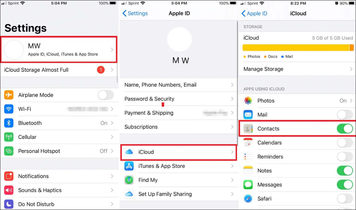 activate icloud contacts option