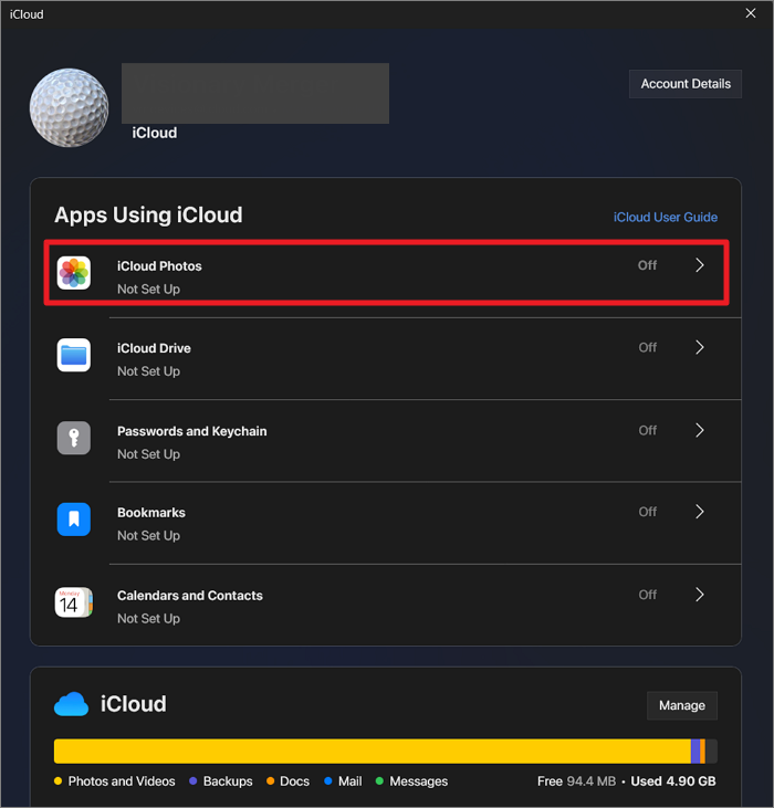 activate icloud photos option