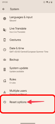 options de réinitialisation