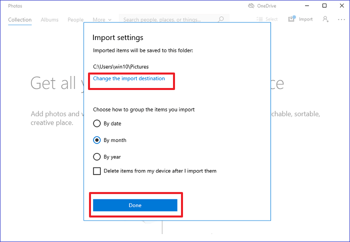 Change the import destination