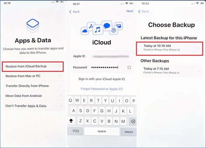 restaurar datos de copias de seguridad recientes de icloud