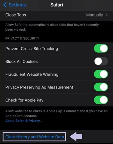 Clear history and website data Safari