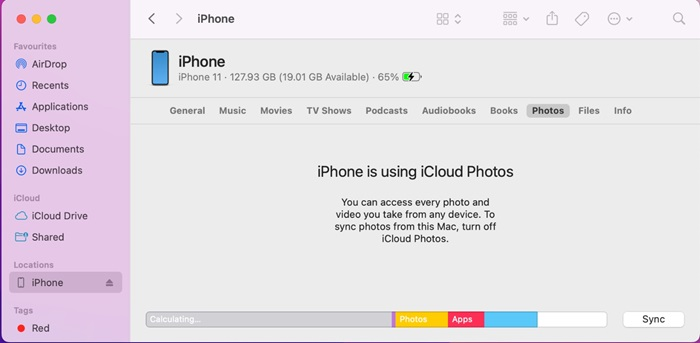 clicca su sincronizzazione finder