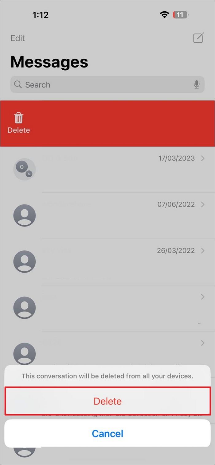 delete the messages from app