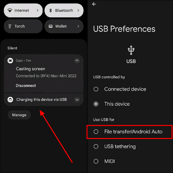 abilita l'opzione di trasferimento file di Android Auto
