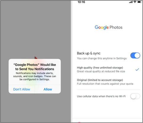Enable Google photos backup on iPhone