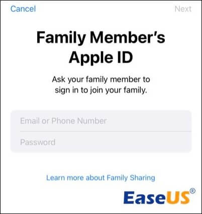Geben Sie die Apple-ID eines Familienmitglieds ein