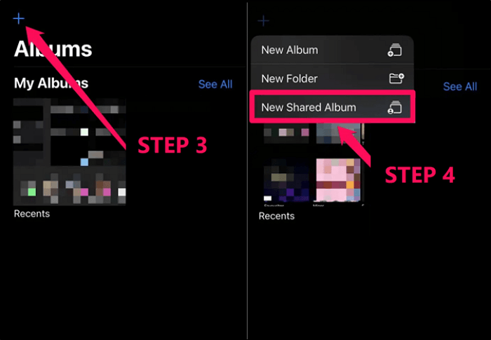 find Plus sign and tap on New Shared Album button