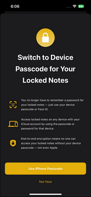 select the notes password