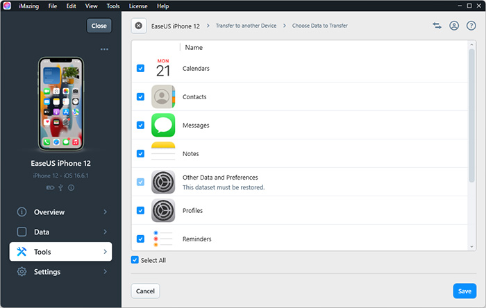 iMazing device to device transfer
