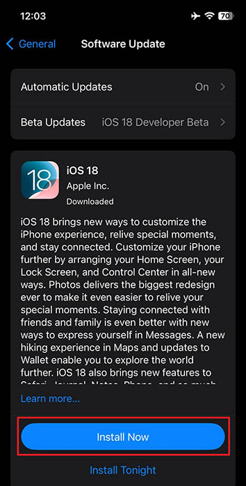 Appuyez sur Installer maintenant