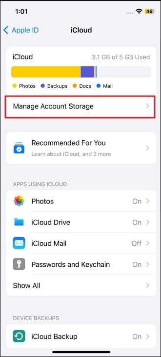 manage icloud account storage