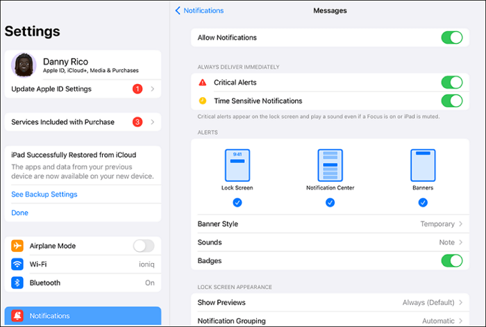 notification on ipad