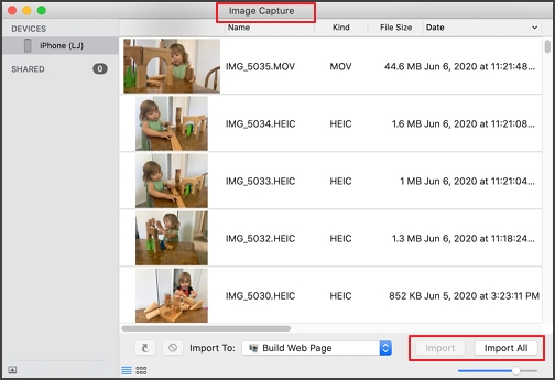 open Image Capture and click on 'Import' button