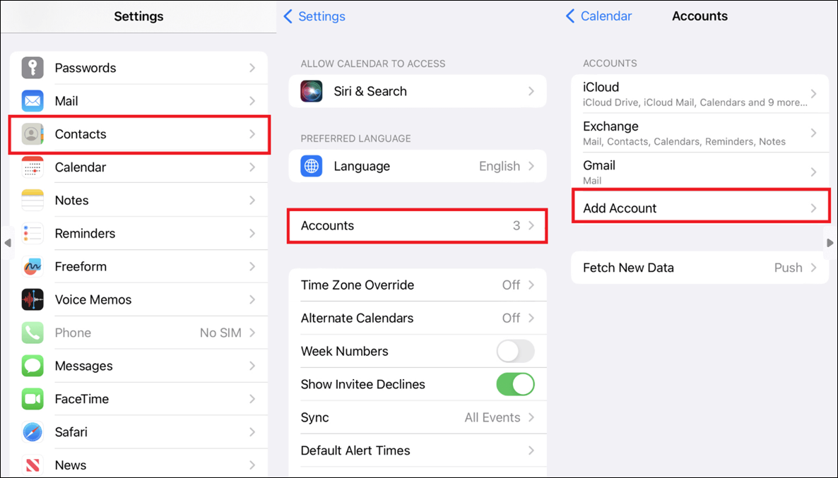 open settings contacts add accounts