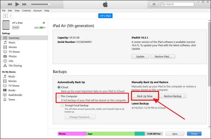 enable This Computer and press the Back Up Now button