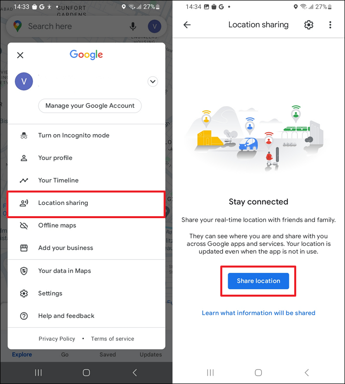 Drücken Sie die Schaltfläche Standort freigeben