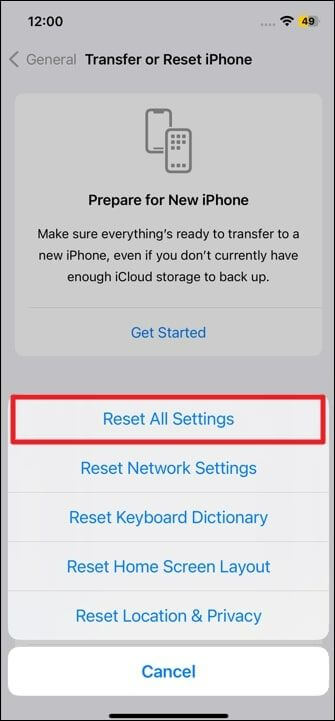 prossiga com a redefinição de todas as configurações