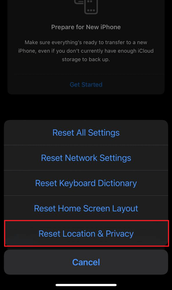 reset location and privacy