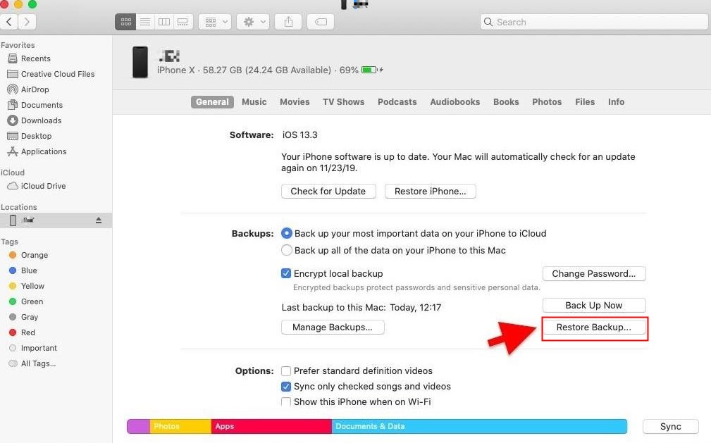 Restore backup with Finder