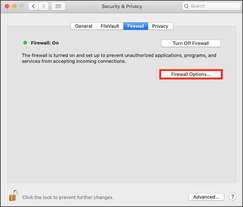 select Firewall Options button on Mac