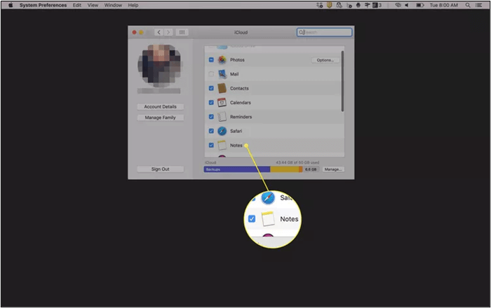 select notes icloud mac