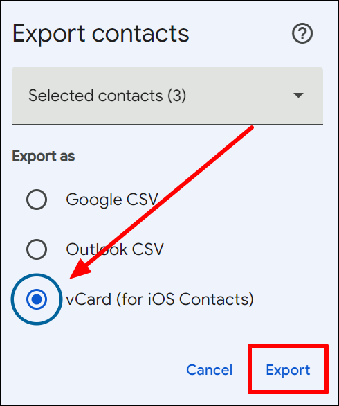 select the vcard option