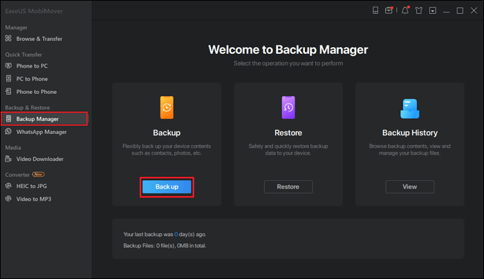 toque no botão de backup