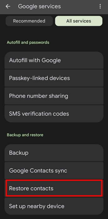 tocca su ripristina contatti