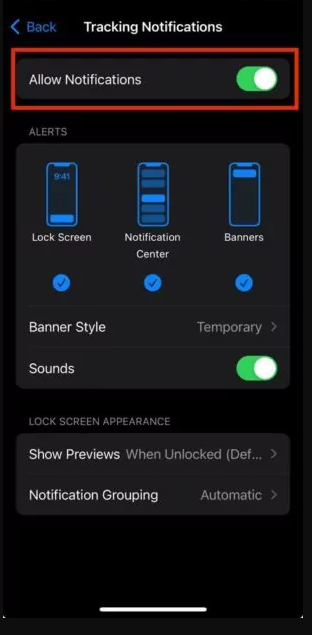 turn on Tracking Notifications