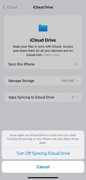 desactivar la sincronización de iCloud Drive en el iPhone
