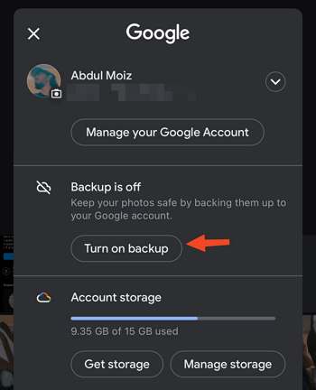 turn on google backup