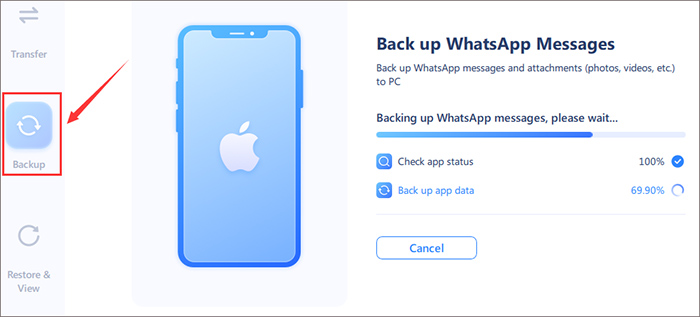 click Backup to start back up WhatsApp messages