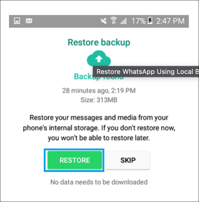 whatsapp chat backup restore stuck