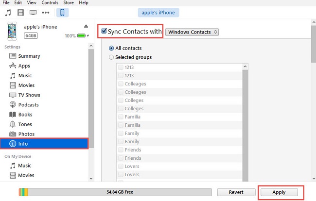 Sincronizza i contatti tramite iTunes